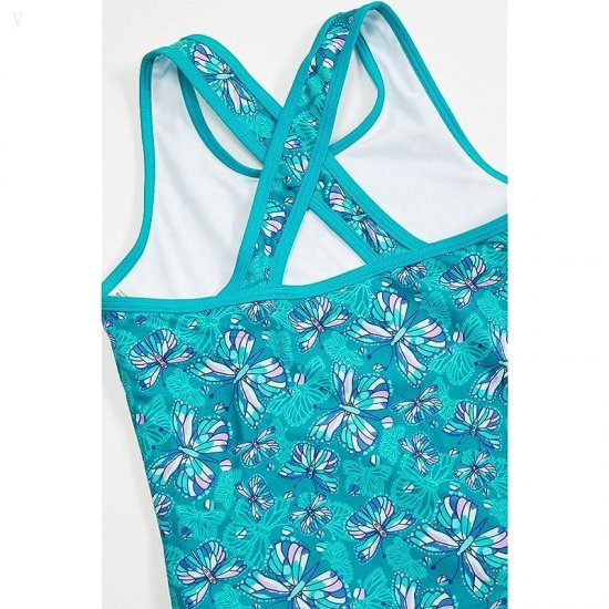 L.L.Bean Watersports Swim One-Piece (Big Kids) Teal Blue Butterfly ID-kLbVfQ8T