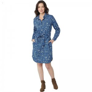 L.L.Bean Signature Camp Shirtdress Button Front Deep Nautical Blue Birds ID-qtryjnIT