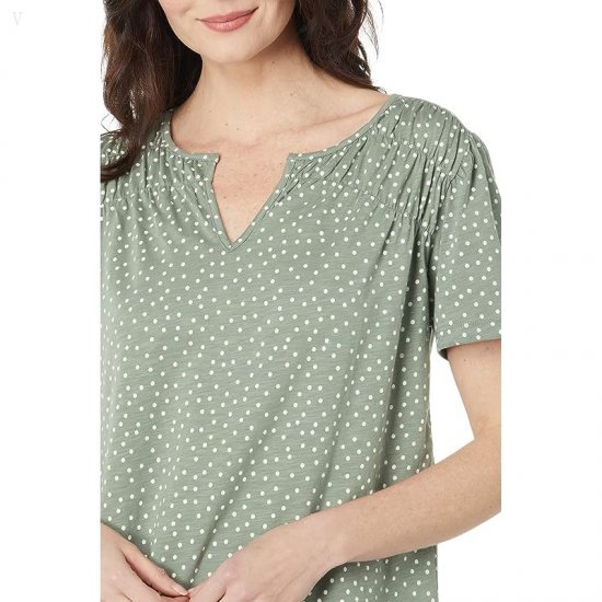 L.L.Bean Organic Cotton Smocked Notch Neck Tee Short Sleeve Print Bay Leaf Dot ID-FIUpG7fU