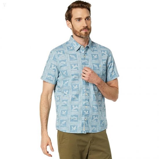 L.L.Bean Signature Woven Cotton Short Sleeve Shirt Regular Baltic Blue Animals ID-S1P3b9GJ