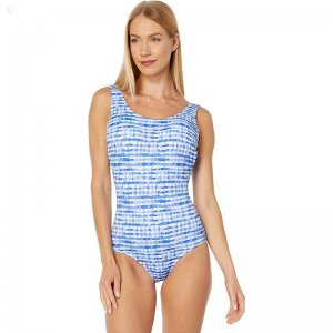 L.L.Bean BeanSport Scoop Neck Tanksuit Print Cobalt Gingham ID-A6w7T4MJ