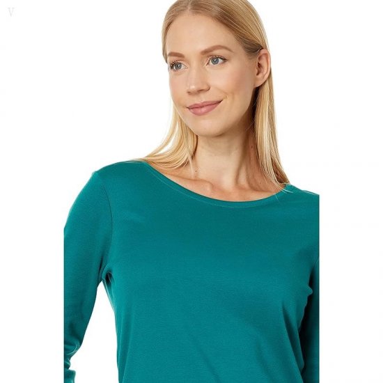 L.L.Bean Pima Cotton Shaped Jewelneck Tee 3/4 Sleeve Warm Teal ID-3vLczG4g