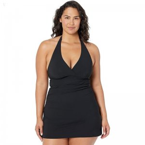 L.L.Bean Slimming Swimwear Clasp Halter Dress Long Black ID-G5tVNpoz