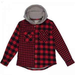 L.L.Bean Fleece Lined Flannel Shirt Hooded Plaid (Big Kids) Deep Red ID-dDWLrNHe