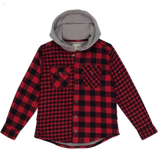 L.L.Bean Fleece Lined Flannel Shirt Hooded Plaid (Big Kids) Deep Red ID-dDWLrNHe