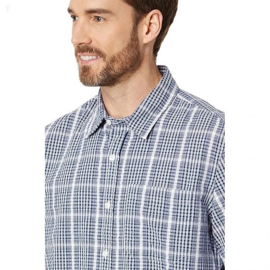 L.L.Bean Organic Seersucker Shirt Short Sleeve Slightly Fitted Plaid True Navy ID-Jz9qEfyf