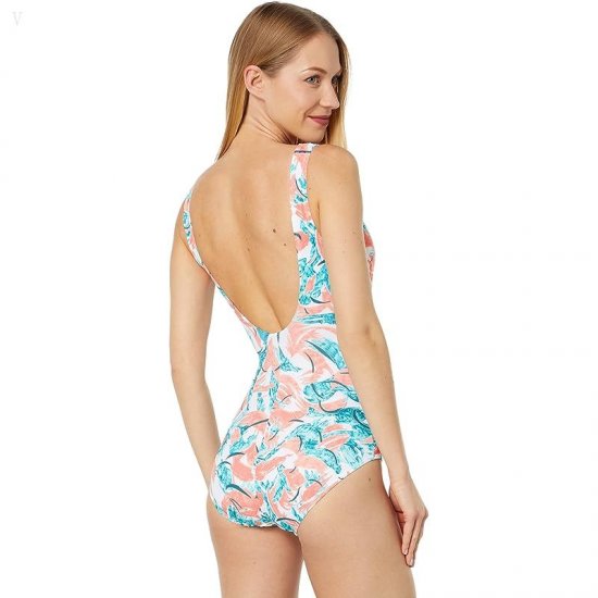 L.L.Bean BeanSport Scoop Neck Tanksuit Print Classic Teal Blue Brushstrokes ID-TUQPeh0N