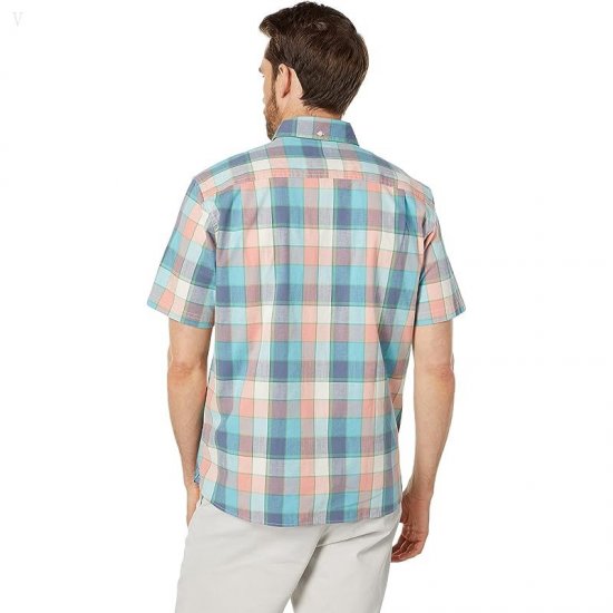 L.L.Bean Comfort Stretch Chambray Shirt Short Sleeve Traditional Fit Plaid Warm Coral ID-A293s27x
