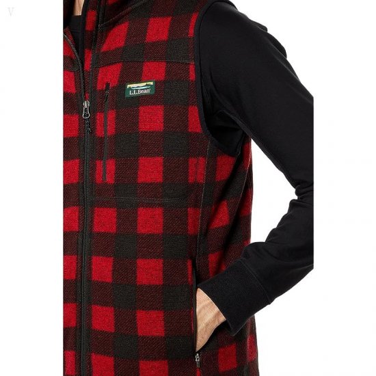 L.L.Bean Sweater Fleece Vest Printed Buffalo Plaid Garnet ID-WdPVpimE
