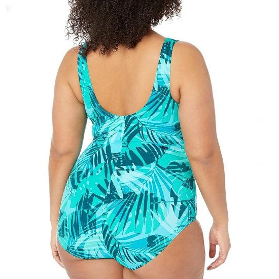 L.L.Bean Plus Size Beansport Scoop Neck Tanksuit Print Classic Teal Blue Palm ID-dm0P5Zbu