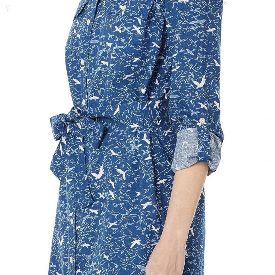 L.L.Bean Signature Camp Shirtdress Button Front Deep Nautical Blue Birds ID-qtryjnIT
