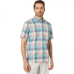 L.L.Bean Comfort Stretch Chambray Shirt Short Sleeve Traditional Fit Plaid Warm Coral ID-A293s27x