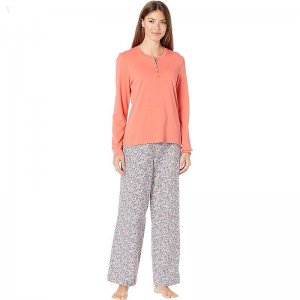 L.L.Bean Cozy Pajama Set Print Coral Red Floral ID-WMZKKQTX