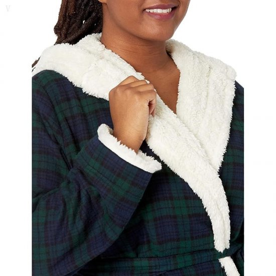 L.L.Bean Plus Size Scotch Plaid Flannel Sherpa Lined Long Robe Black Watch ID-0w52RX9h