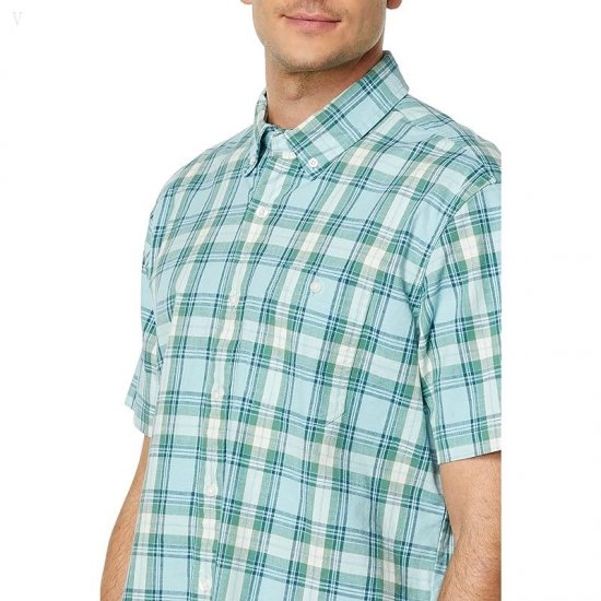 L.L.Bean Comfort Stretch Chambray Shirt Short Sleeve Traditional Fit Plaid Pale Turquoise ID-wQ0T0oBg