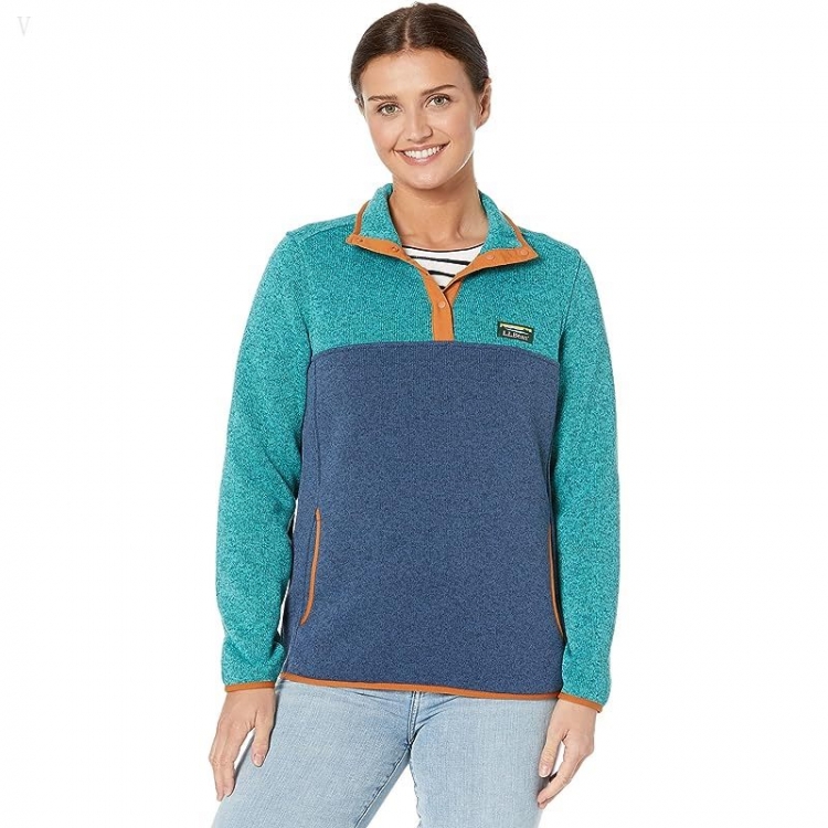 L.L.Bean Petite Sweater Fleece Pullover Color-Block Mallard Blue/Blue/Green ID-M89mjfdd - Click Image to Close