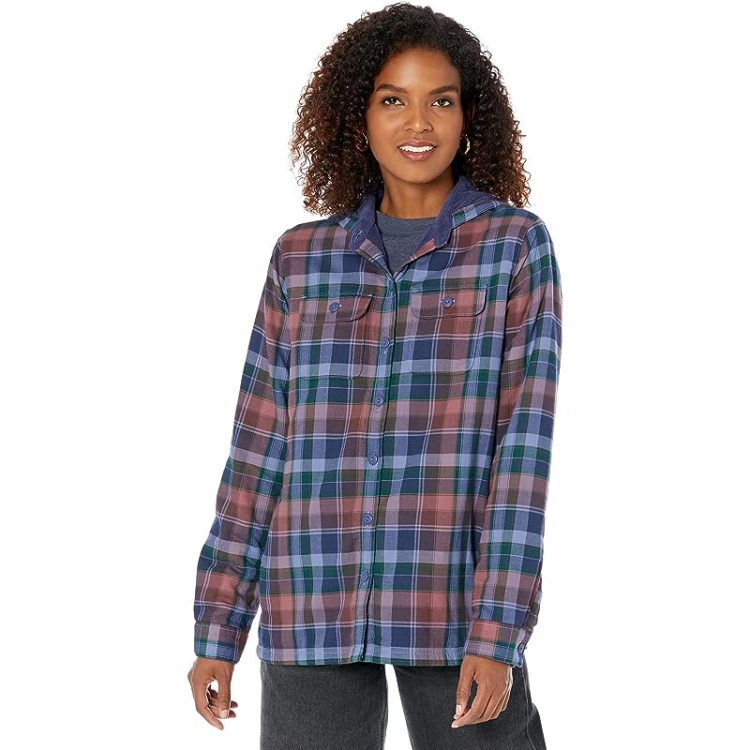 L.L.Bean Fleece Lined Flannel Shirt Hoodie Plaid Black Plum ID-yrXKeqYm - Click Image to Close