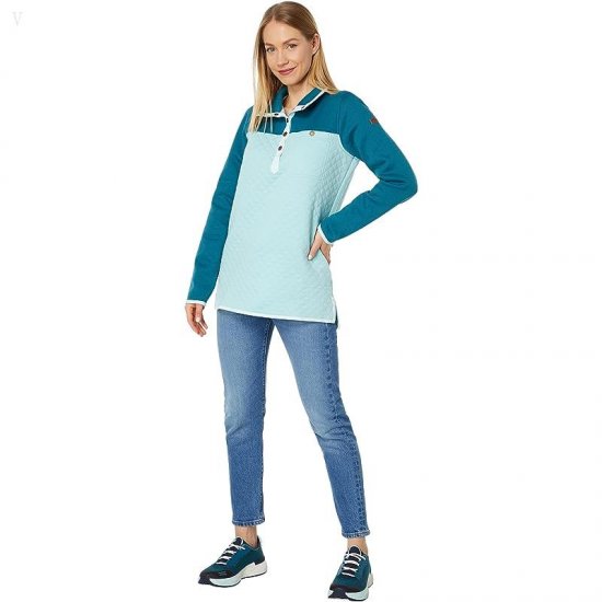 L.L.Bean Quilted Sweatshirt Mock Neck Tunic Color-Block Deep Turquoise/Pale Turquoise ID-DyJA4asW