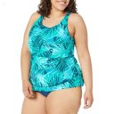 L.L.Bean Plus Size Beansport High Neck Tankini Print Classic Teal Blue Palm ID-VBMkkTQ7