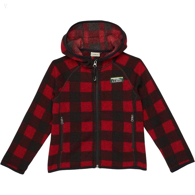 L.L.Bean Sweater Fleece Hooded Print (Little Kids) Garnet Buffalo Check ID-78HuJorB