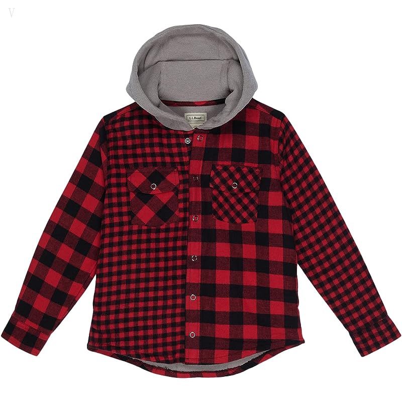 L.L.Bean Fleece Lined Flannel Shirt Hooded Plaid (Little Kids) Deep Red ID-A6CM4Ge9