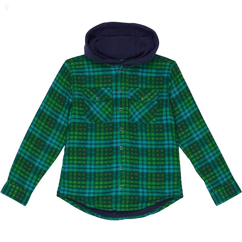 L.L.Bean Fleece Lined Flannel Shirt Hooded Plaid (Big Kids) Rainforest ID-KuxikpAa