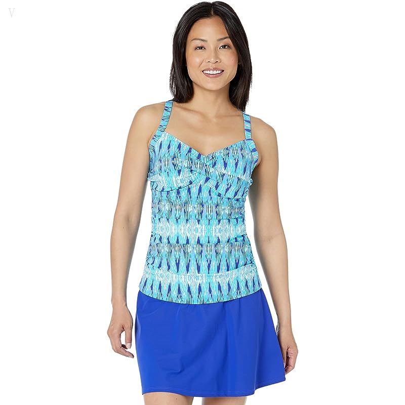 L.L.Bean Slimming Swimwear Tankini Top Print Arctic Blue Ikat ID-LhWMhZ4z