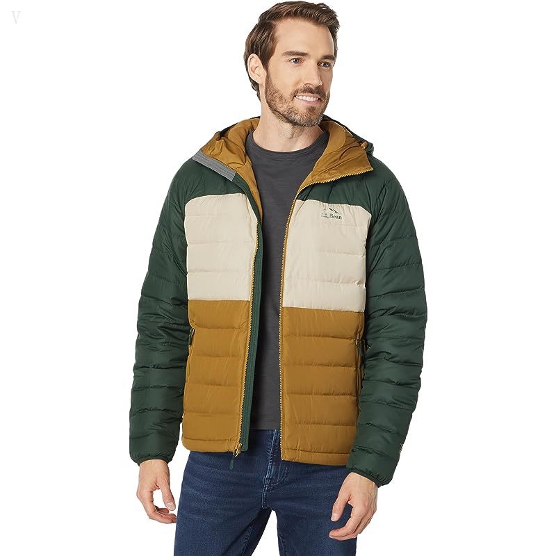 L.L.Bean Bean's Down Hooded Jacket Color-Block Fatigue Green/Deep Balsam ID-RJVu7Ktz