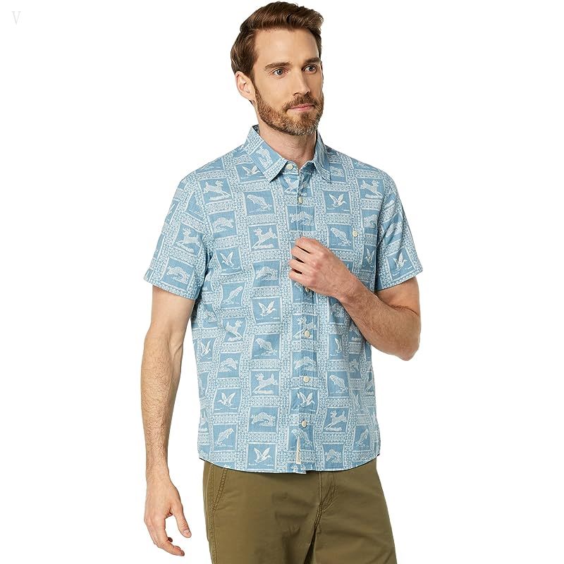 L.L.Bean Signature Woven Cotton Short Sleeve Shirt Regular Baltic Blue Animals ID-S1P3b9GJ