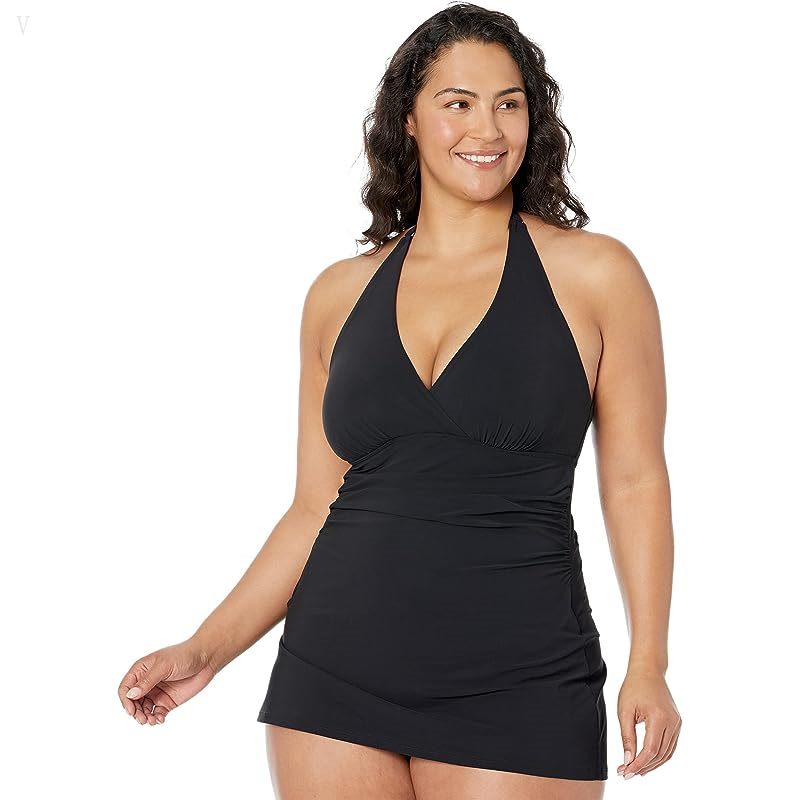 L.L.Bean Slimming Swimwear Clasp Halter Dress Black ID-TbGolgJo