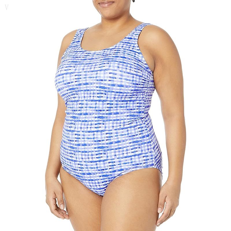 L.L.Bean Plus Size Beansport Scoop Neck Tanksuit Print Cobalt Gingham ID-V5sd5qwu