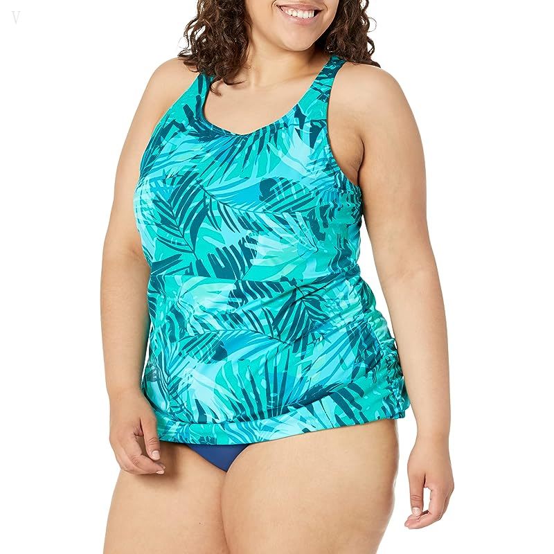 L.L.Bean Plus Size Beansport High Neck Tankini Print Classic Teal Blue Palm ID-VBMkkTQ7