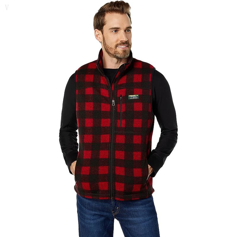 L.L.Bean Sweater Fleece Vest Printed Buffalo Plaid Garnet ID-WdPVpimE