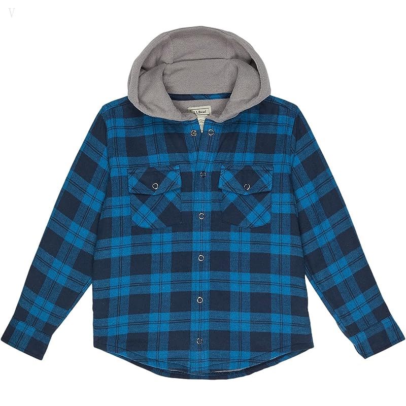 L.L.Bean Fleece Lined Flannel Shirt Hooded Plaid (Little Kids) Marine Blue ID-XWyJvqdS